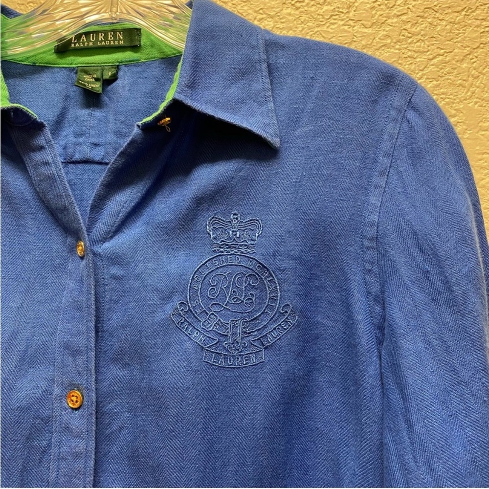 Lauren Ralph Lauren Classic Button Up Linen Shirt Embroidered Crest S Royal Blue - Picture 6 of 6